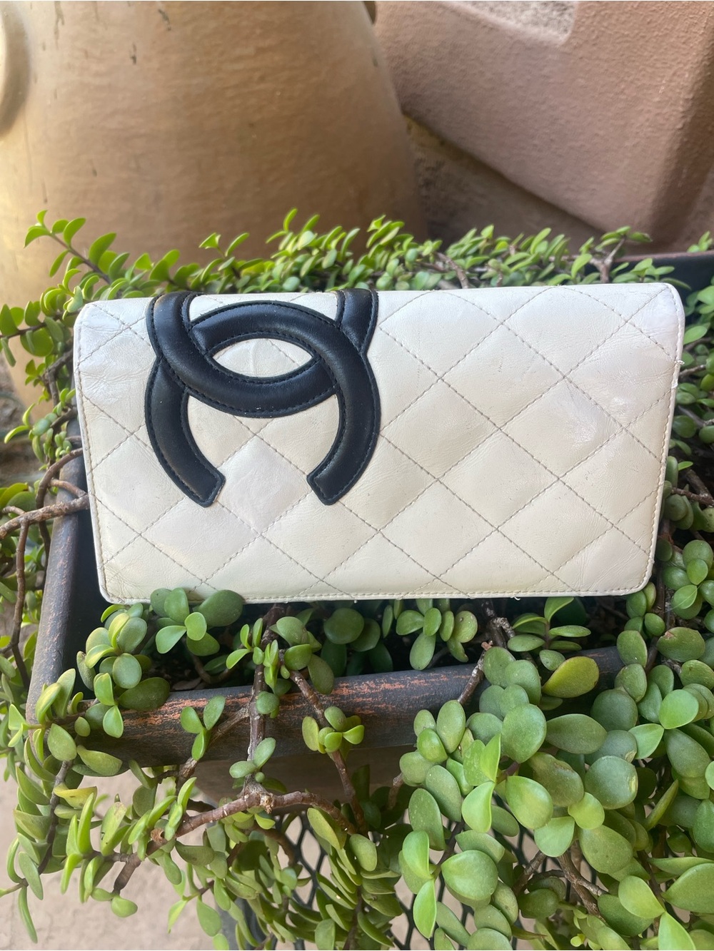 Chanel White Quilted Leather Cambon Wallet with Black CC Accent